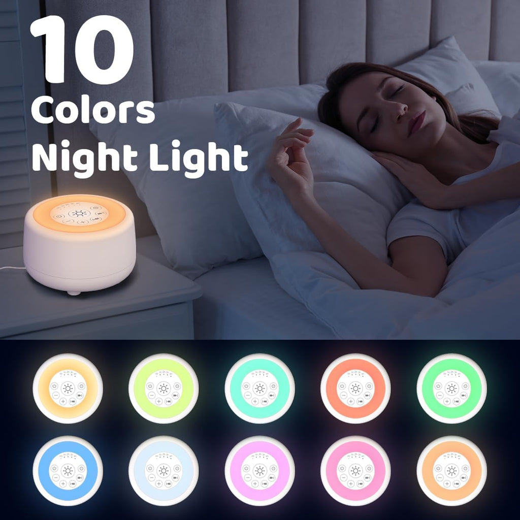Sleepbox White Noise Machine - 25 Soothing Sounds & 10 Color Night Light | 4 Brightness Levels, 32 Volume Levels, Timer & Memory Function for All Ages
