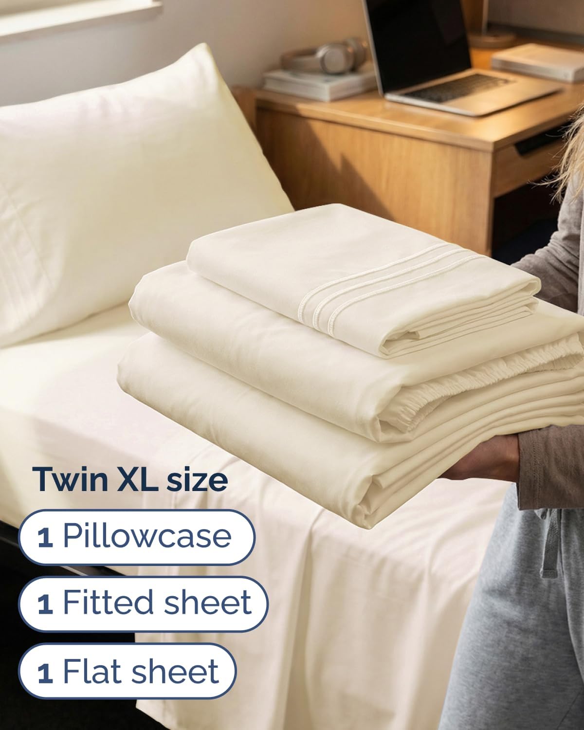 Skiennix Twin XL Sheet Set - Comfy Cooling Bed Sheets for Ultimate Luxury - Deep Pockets, Soft & Wrinkle-Free - Off White