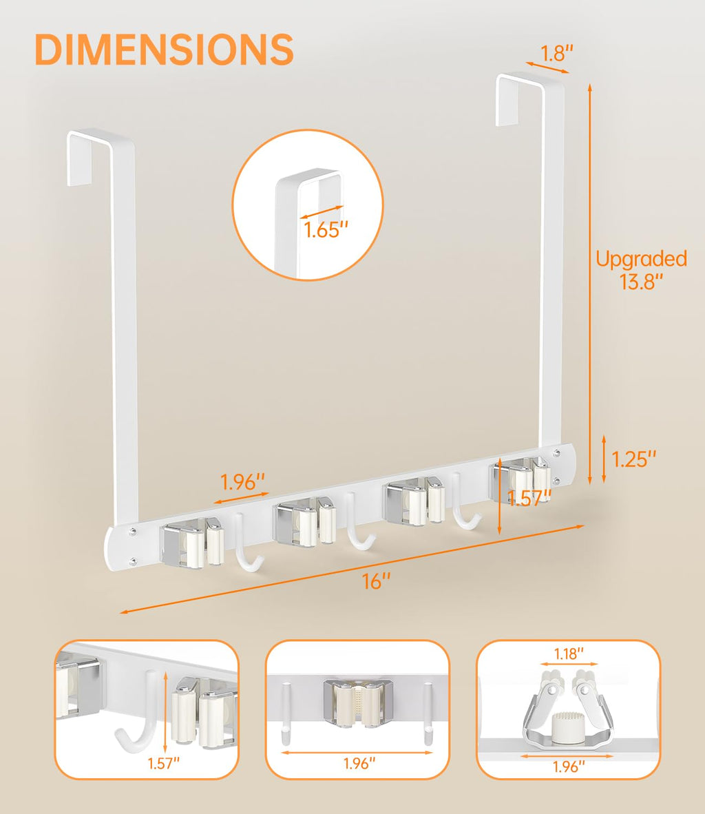 Broom Holder Over The Door - 304 Stainless Steel Mop and Broom Holder Wall Mounted or Hanging Over The Door with Hooks - Broom Hanger - white, Broom Storage Tool Organizer for Closet Laundry