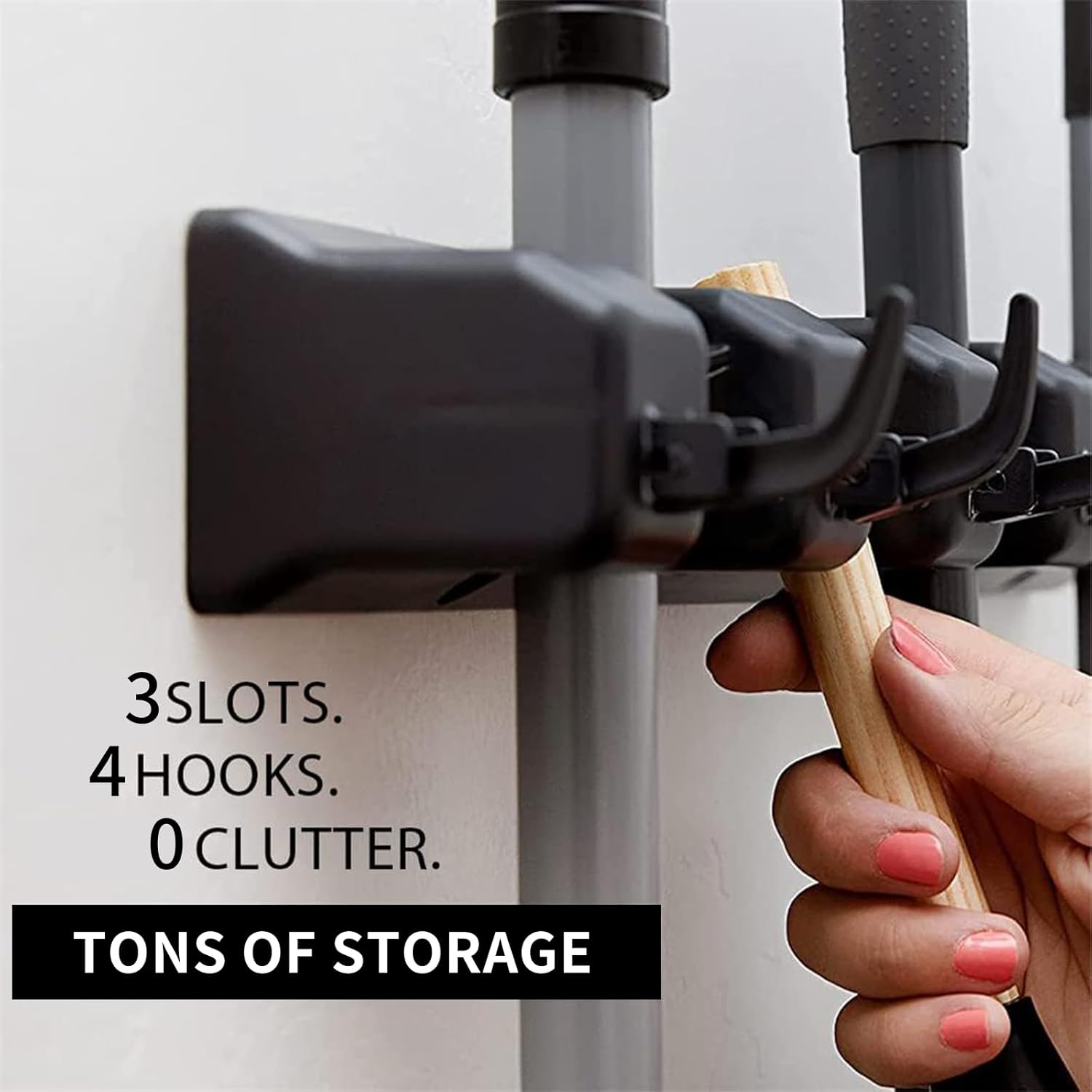 Wall-Mounted Broom and Mop Holder by [Brand Name] - 3 Slots & 4 Hooks Organizer for Home & Garage | Black