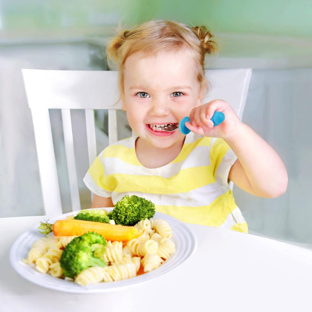 PandaEar Baby Toddler Utensils Set - 6-Piece BPA-Free Silicone & Stainless Steel Silverware | Blue, Pink, White