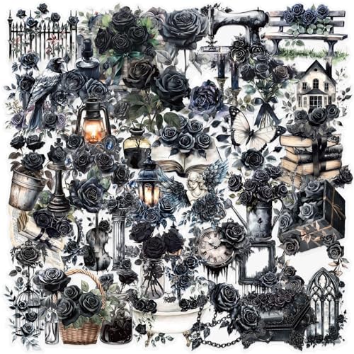 50 Black Rose Stickers - Waterproof Decals for Scrapbooking & Crafts