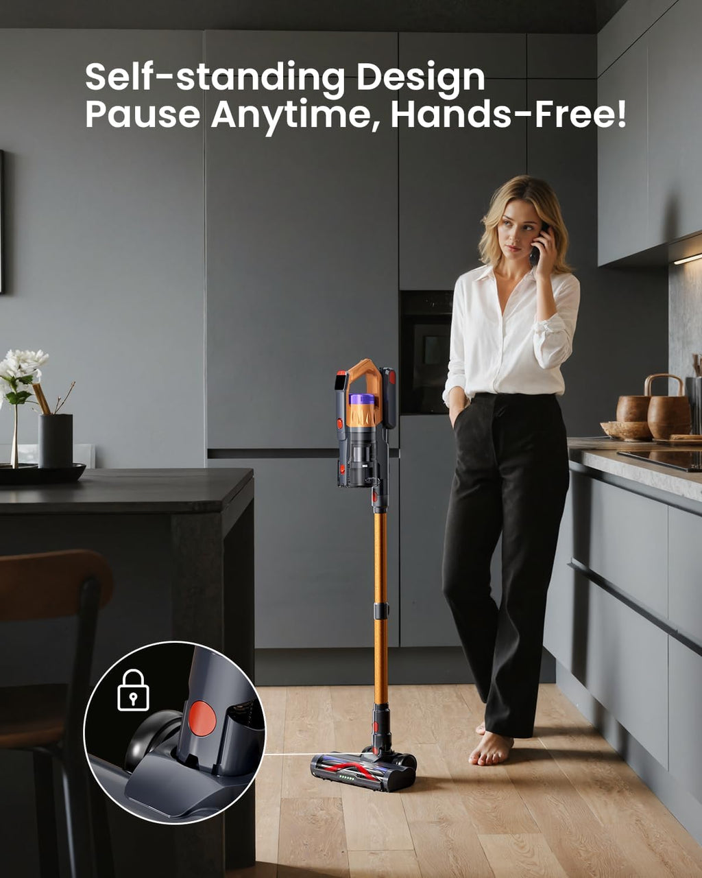 Skiennix Cordless Vacuum Cleaner - 60Kpa Powerful Suction for Pet Hair | 70-Minute Runtime, Self-Standing, Golden