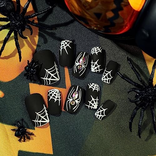Halloween Coffin Press on Nails - 24Pcs White Spider Acrylic False Nails