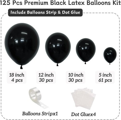 Black Balloons 125 Pcs - Latex Balloons Arch Kit for Birthday, Graduation & Halloween Decor | 5-12 Inch Sizes