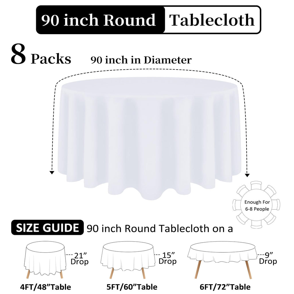 Heneger 8 Pack White Round Tablecloth 90 Inch White Table Cloth Stain and Wrinkle Resistant Reusable and Washable Polyester Fabric Table Covers for Buffet Wedding Party and Banquet
