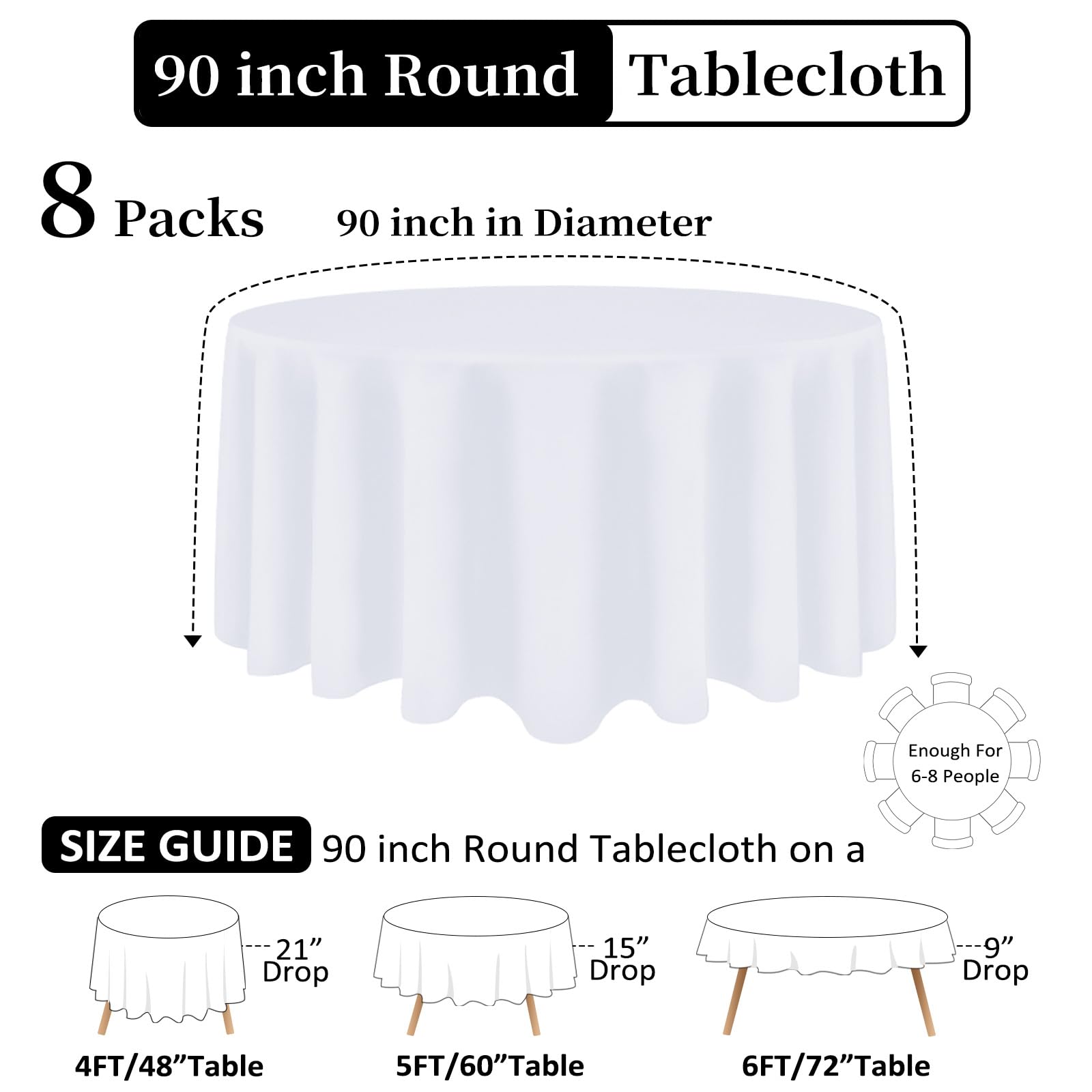 Heneger 8 Pack White Round Tablecloth 90 Inch White Table Cloth Stain and Wrinkle Resistant Reusable and Washable Polyester Fabric Table Covers for Buffet Wedding Party and Banquet