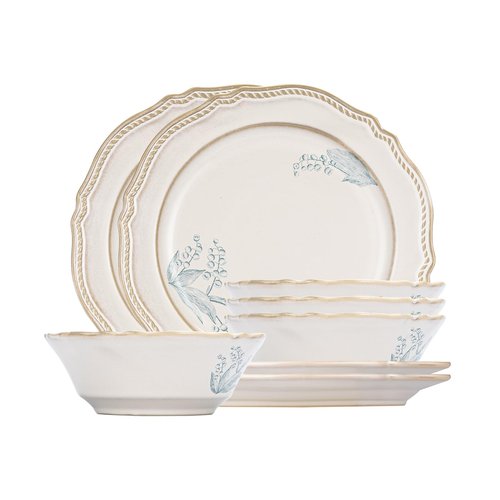 MDZF SWEET HOME 8-Piece Dinnerware Set - Lily Bloom Series, Service for 4, Includes 6'' Bowls & 10'' Plates, Retro Vintage Floral Style, Microwave & Dishwasher Safe