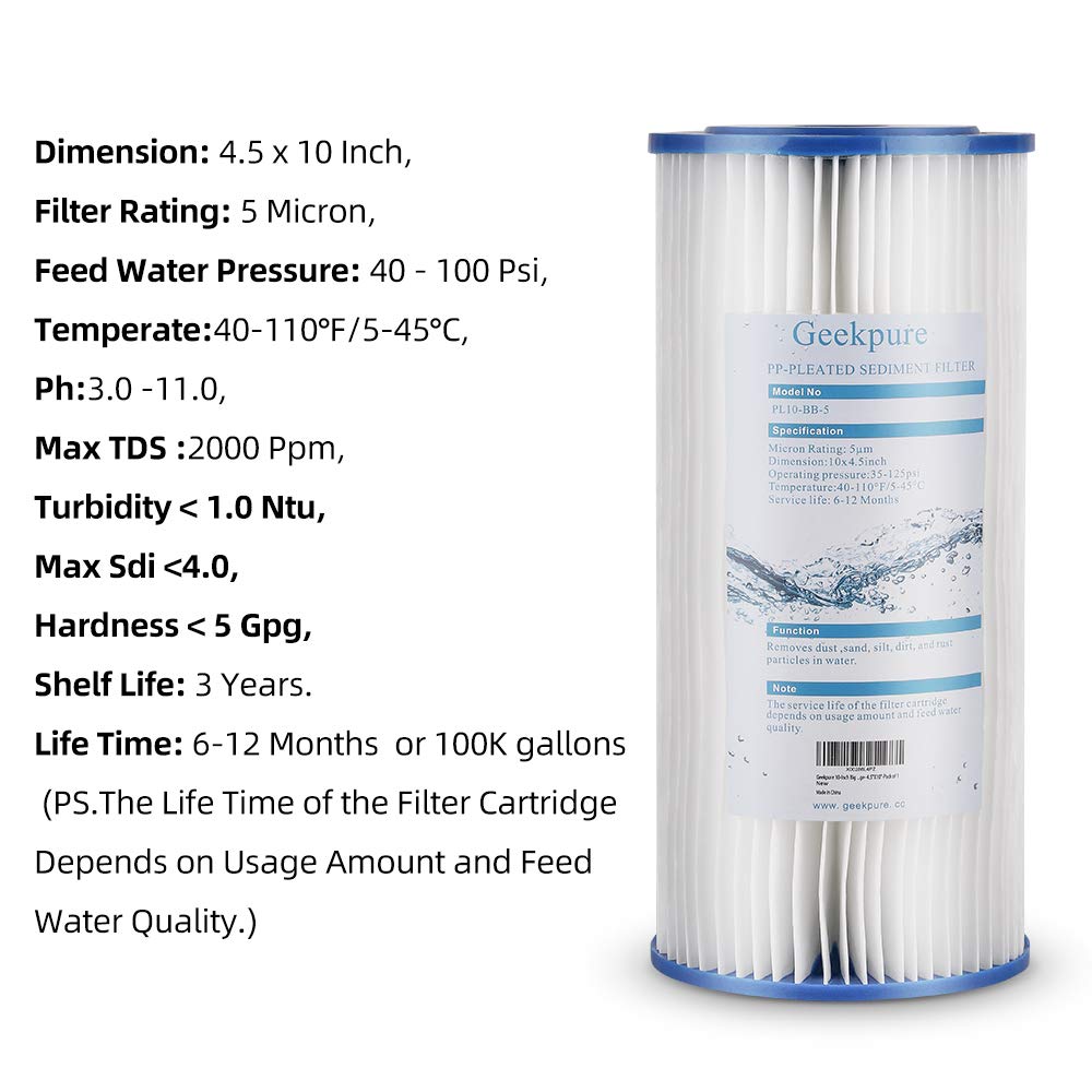 Geekpure 10-Inch Whole House Pleated PP Sediment Replacement Filter-4.5" x 10"-5 Micron-Pack of 4