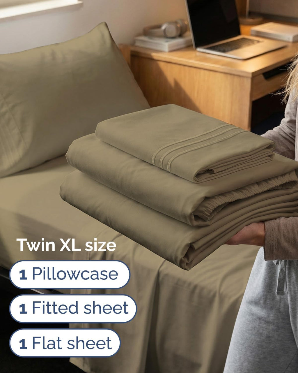 Skiennix Twin XL Sheet Set - Comfy Cooling & Breathable Bedding - Ultra-Soft, Deep Pockets - Khaki