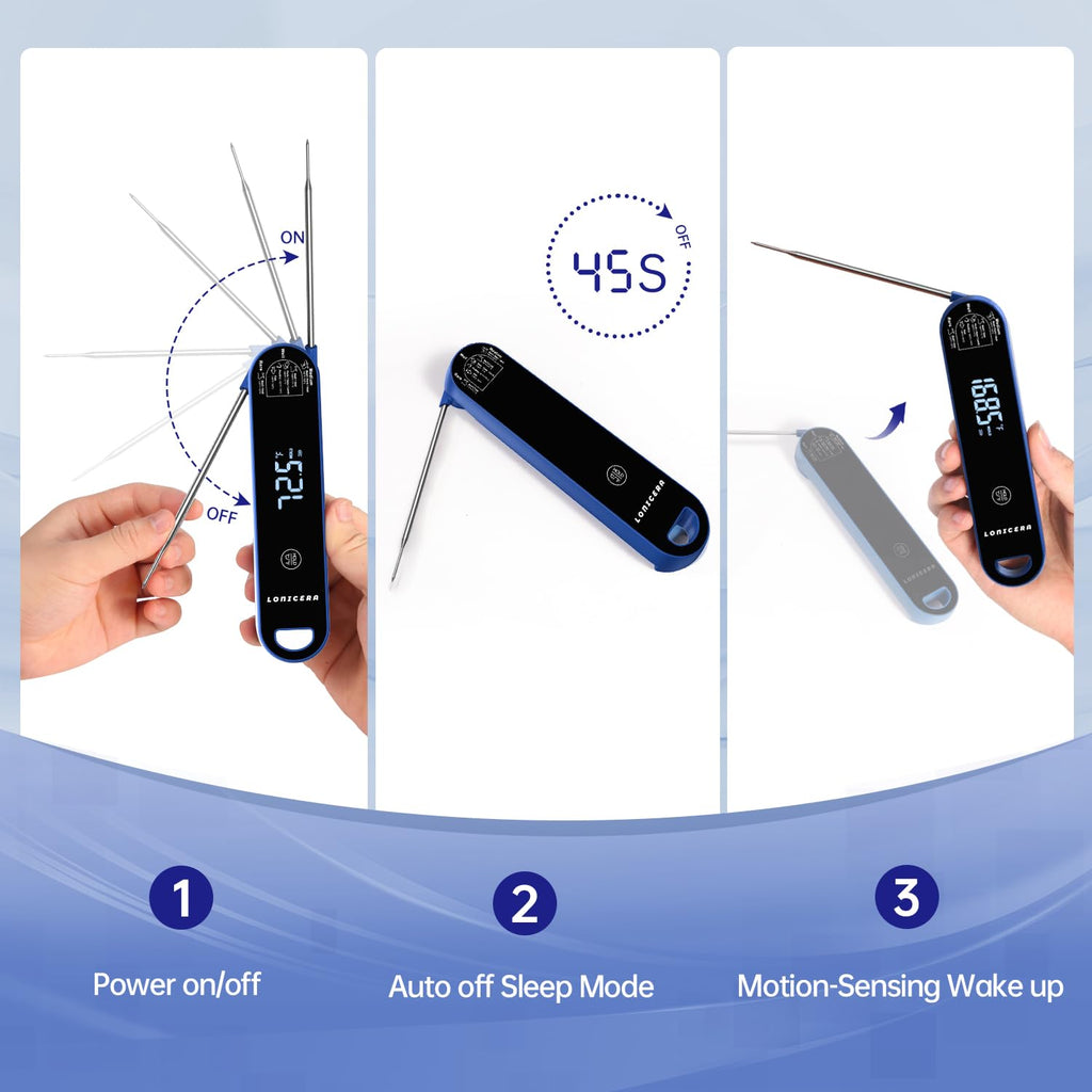 Lonicera Professional Meat Thermometer for Cooking. Instant Read Less Than 0.6 Sec, ±0.5℉ Accuracy with Thermocouple Tech. IP67 Waterproof Design, Ambidextrous VA Display, Auto Wake up (Blueberry)