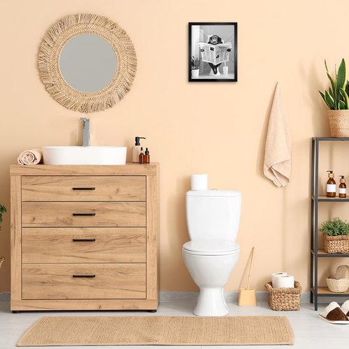 Biufo Monkey on Toilet Wall Art - Framed Canvas Print for Bathroom Decor (8"x10")