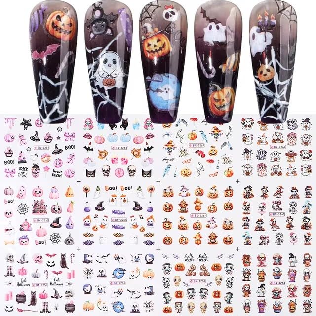 JUNCHAO Halloween Nail Art Stickers Pink Pumpkins Cute Ghost Water Decals 12PCS