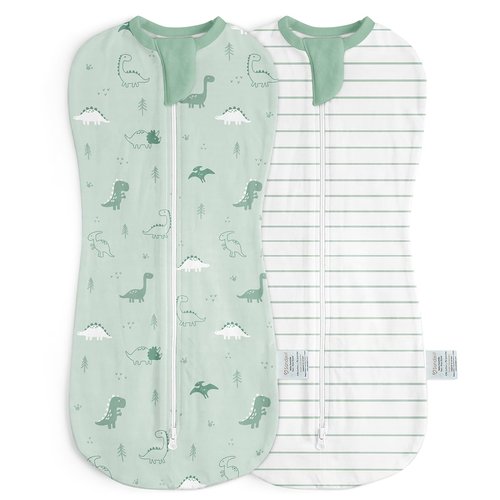 Baby Swaddle 0-2 Months, Cotton Arm-In Zipper Sleep Sack, Wearable Blankets Wrap for Newborn Infant Boys (Dinosaur, Stripe, Pack of 2)
