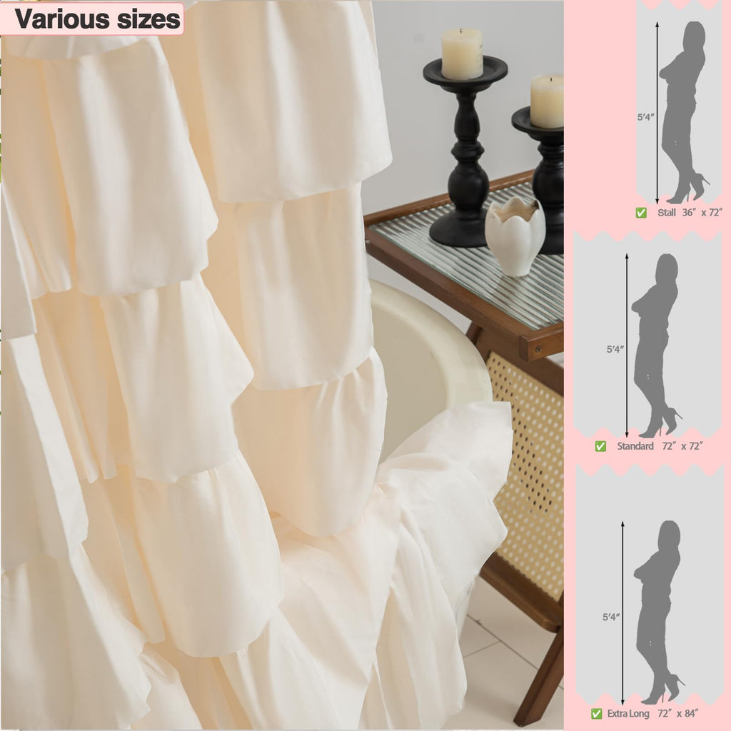 WestWeir Beige Ruffle Shower Curtain - Farmhouse Ruffled Design, Cream Boho Bathroom Curtain with Elegant Layered Ruffles, Rustic Shabby Chic Style, 72x72 Fabric Decorative Drapes