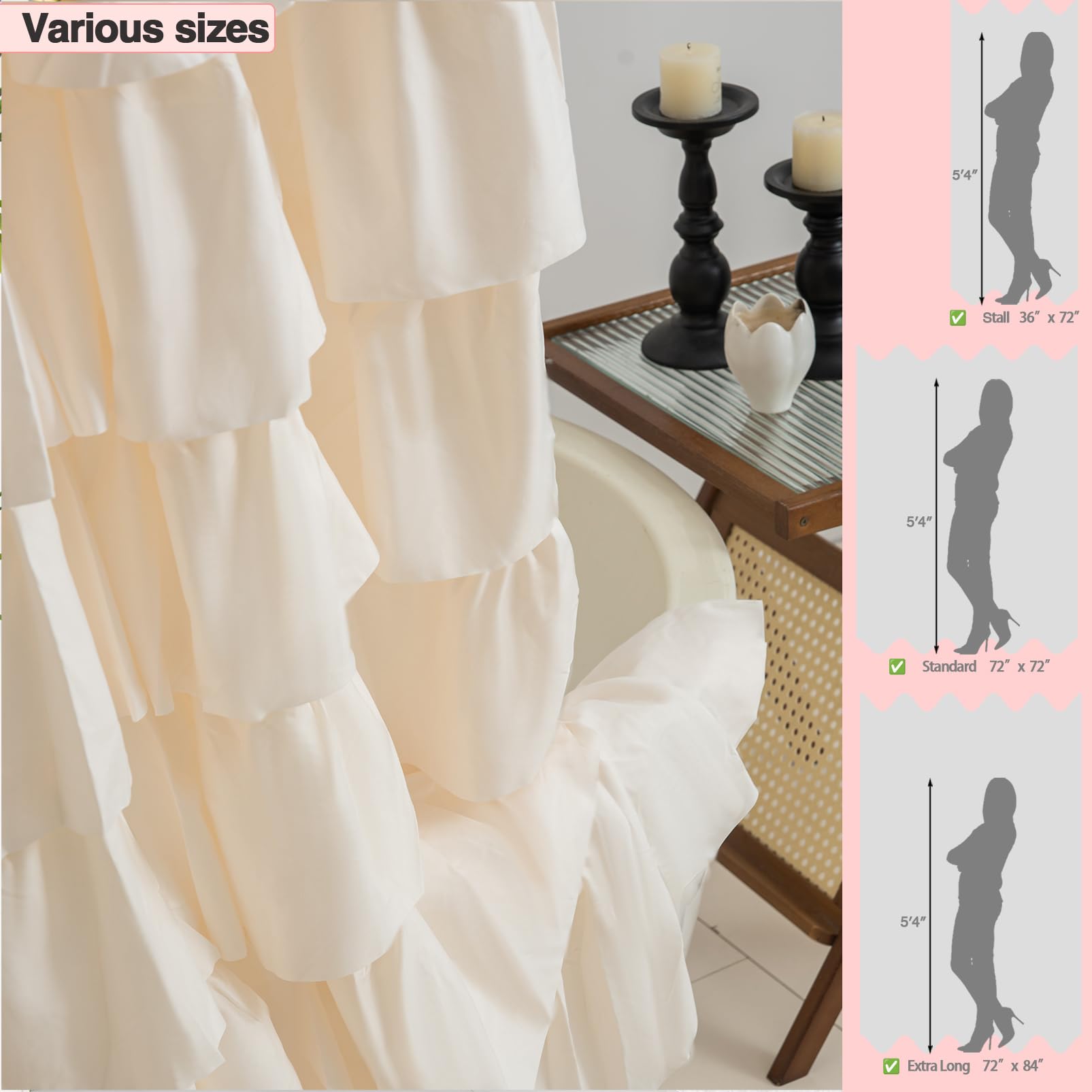 WestWeir Beige Ruffle Shower Curtain - Farmhouse Ruffled Design, Cream Boho Bathroom Curtain with Elegant Layered Ruffles, Rustic Shabby Chic Style, 72x72 Fabric Decorative Drapes