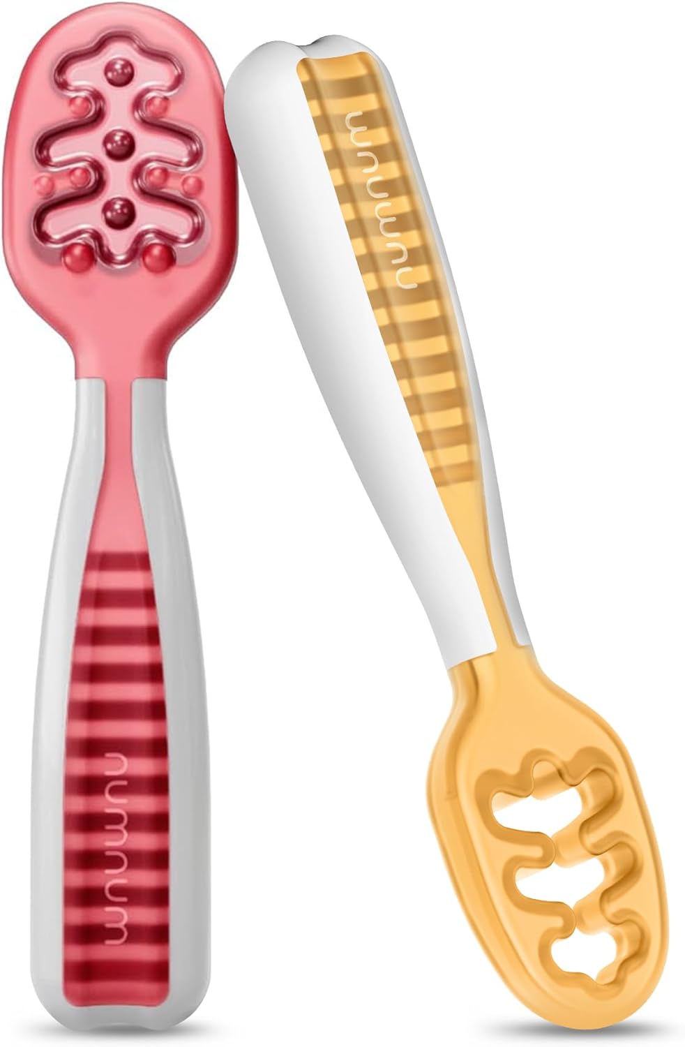 NumNum Baby Spoons Set - Pre-Spoon GOOtensils for 6+ Months | Silicone Self-Feeding Utensils, 2 Pack Red/Orange