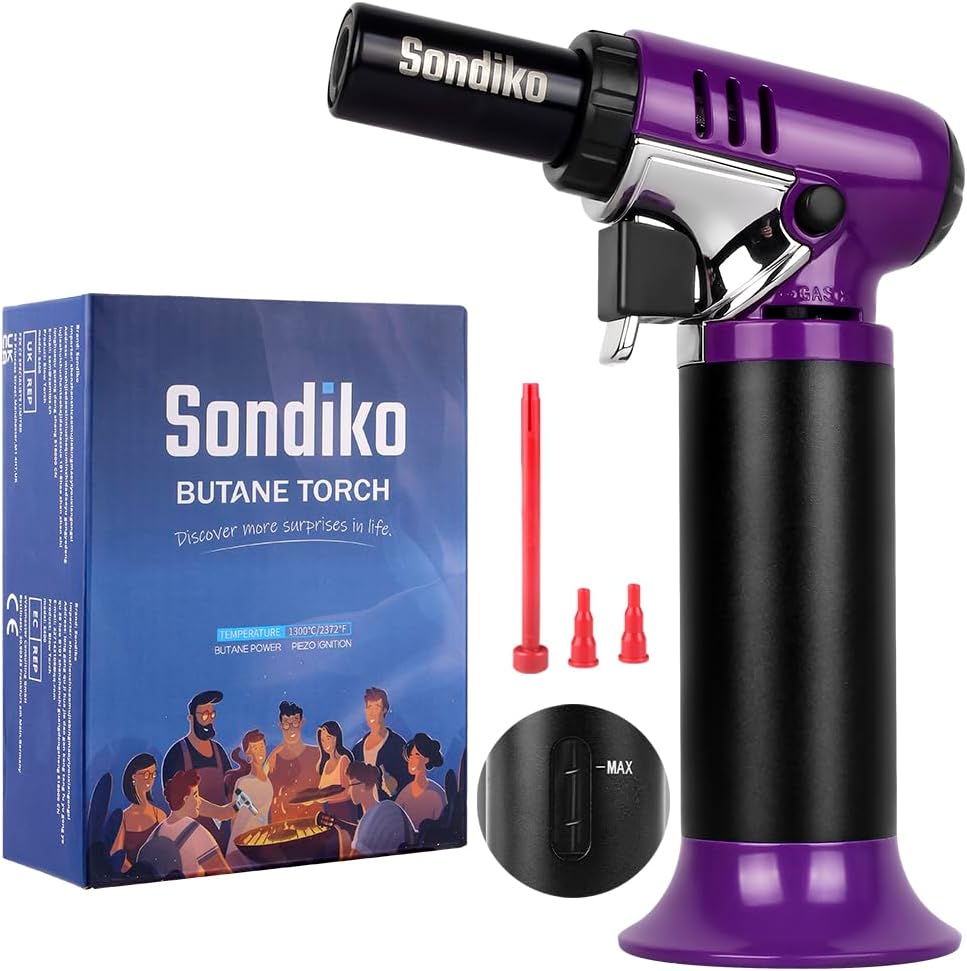 Sondiko Butane Torch - Refillable Soldering Lighter with Adjustable Flame | Purple & Black