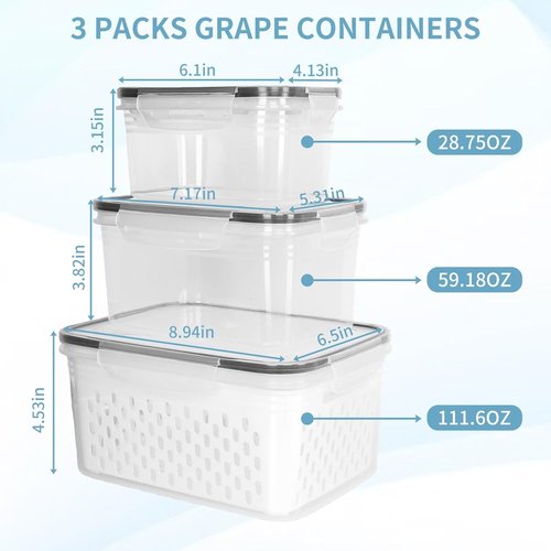 Grape Container Set by [Brand Name] - Leakproof Produce Storage with Removable Colander | 3PCS (0.9Qt - 13.5Qt)