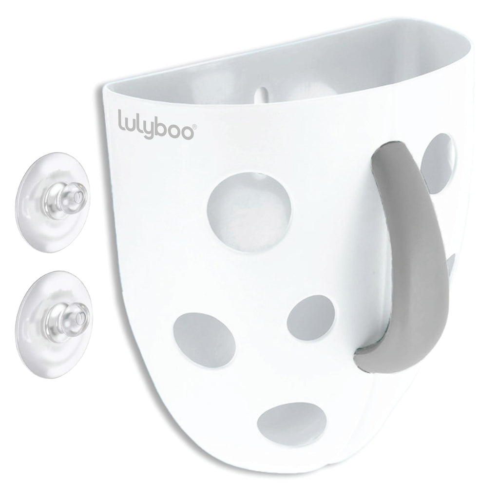 Lulyboo Baby Bath Toy Holder with No-Slip Suction Cups, BPA-Free Drainage Bin, Easy Clean Wall Organizer, White & Grey, Keeps Bathroom Clutter-Free & Safe for Kids