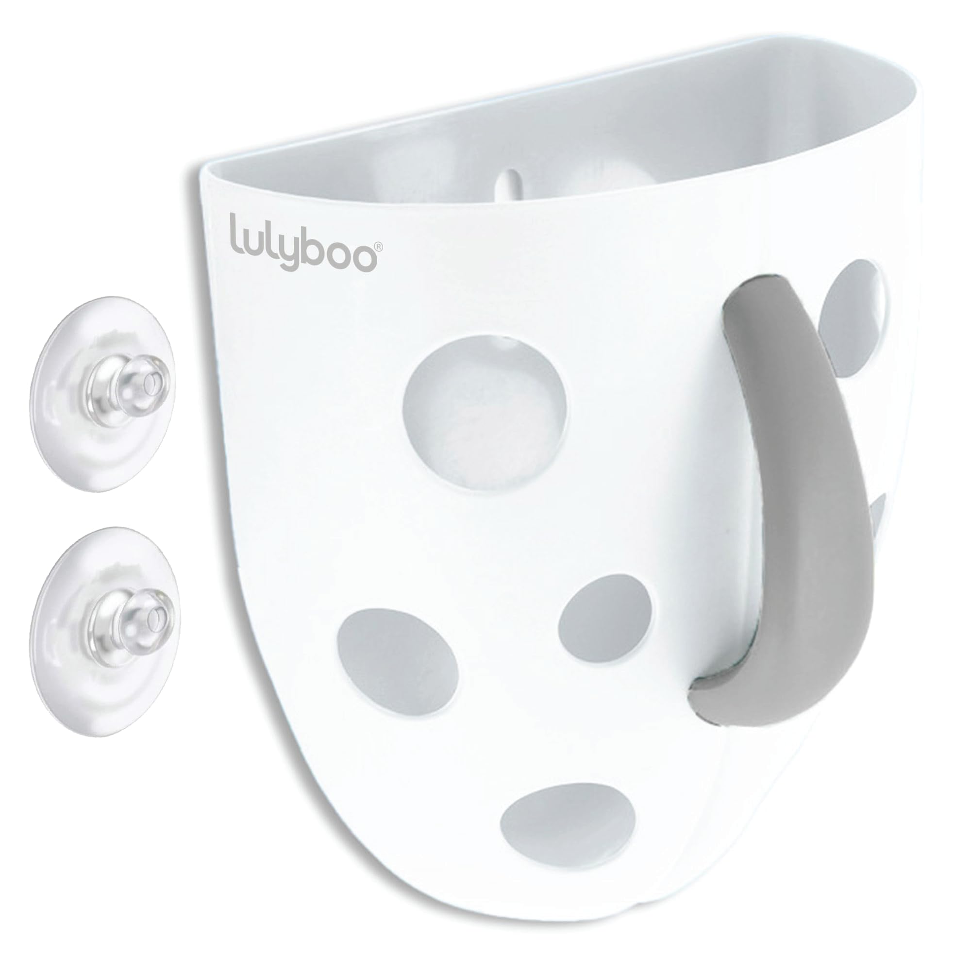 Lulyboo Baby Bath Toy Holder with No-Slip Suction Cups, BPA-Free Drainage Bin, Easy Clean Wall Organizer, White & Grey, Keeps Bathroom Clutter-Free & Safe for Kids
