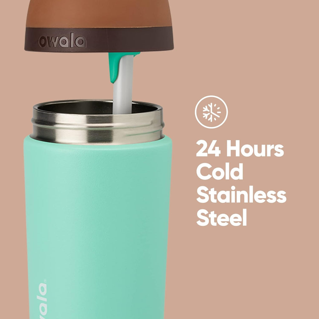 Owala Kids Insulated Stainless-Steel Water Bottle - 14-Ounce with Straw & Locking Lid, Brown/Teal