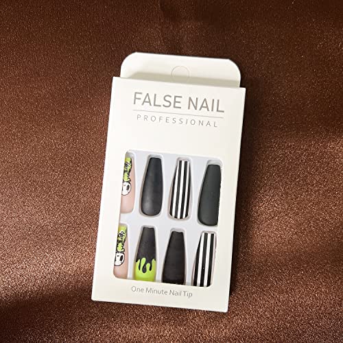 BYETOCE Long Coffin Press On Nails Halloween Black White Stripe Cute Ghost