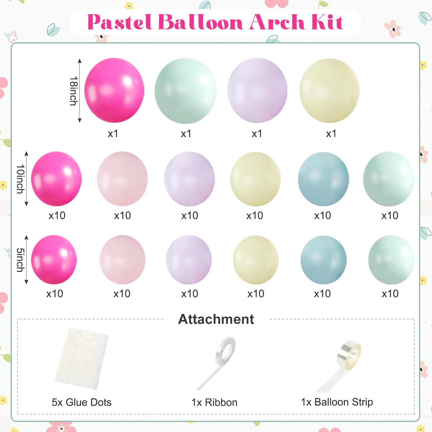 Wildflower Balloon Arch Kit, 124Pcs Pastel Balloon Arch Kit Includes Hot Pink Light Pink Blue Green Purple Yellow Balloons for Birthday Baby Shower Wedding Spring Summer Party Decorations