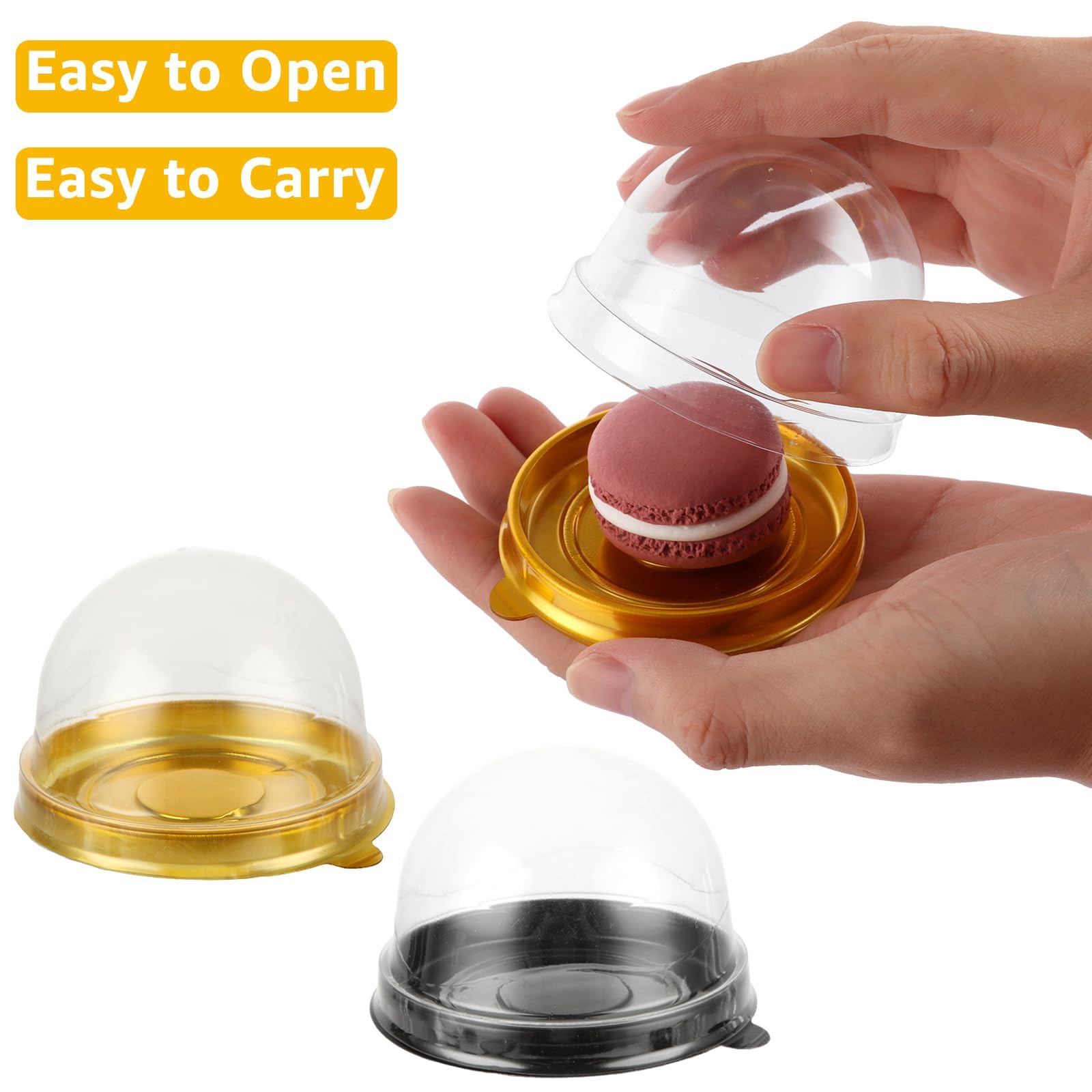 WOPPLXY 200 Pcs Mini Cake Containers, Clear Plastic Cupcakes Containers Muffin Mooncake Holder, Mini Cupcake Boxes with Dome Lid for Cheese Pastry Dessert Mooncake (100 Gold,100 Black)