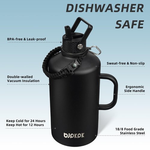 BJPKPK 1 Gallon Water Bottle Insulated with Straw Lid, 128oz Large, Stainless Steel Water Bottles with 3 Lids and Paracord Strap, Double Wall Vacuum Metal Water Jug,Black