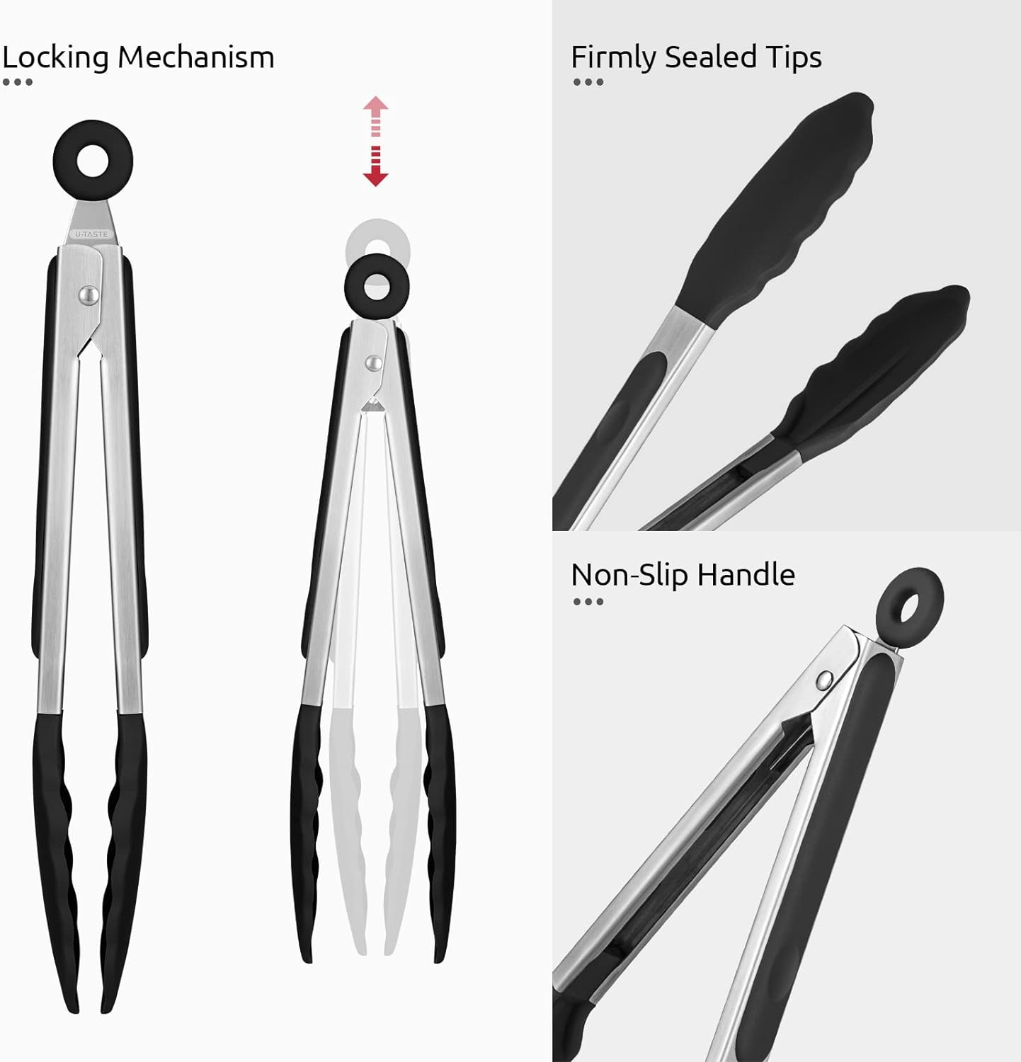 U-Taste 9-Inch Silicone Cooking Tongs - 600ºF Heat Resistant with Non-Stick Tips & Stainless Steel Handle | Black