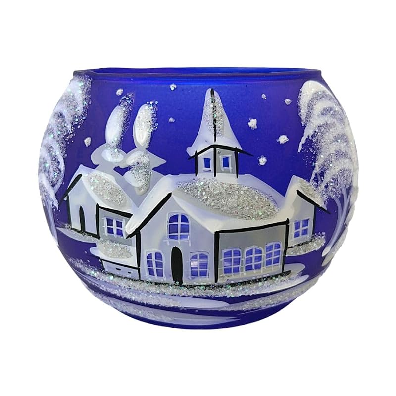 Christmas Tea Light Candle Holder Glass - Hand Painted Mouth Blown Glass, Blue, Medium - Decorvo