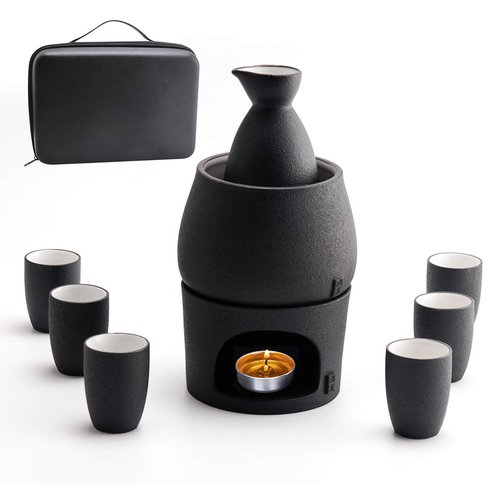 Lyty Ceramic Sake Set Cups with Warmer + Sake Saki Drink Storage Box, Porcelain Pottery Hot Cold Saki Drink, 9pcs include 1 Stove 1 Warming Bowl 1 Sake Bottle 6 Cup