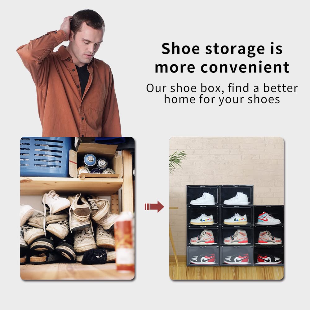 OMOPIN XL clear shoe storage boxes stackable, 8 Pack Large Shoe Boxes Clear Plastic Stackable, Drop side Sneaker Container Fit Size 13 (Black 8 Pack)
