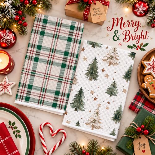 Retro Tree Snowman Hand Towels - Buffalo Plaid Christmas Kitchen Towels - Set of 2