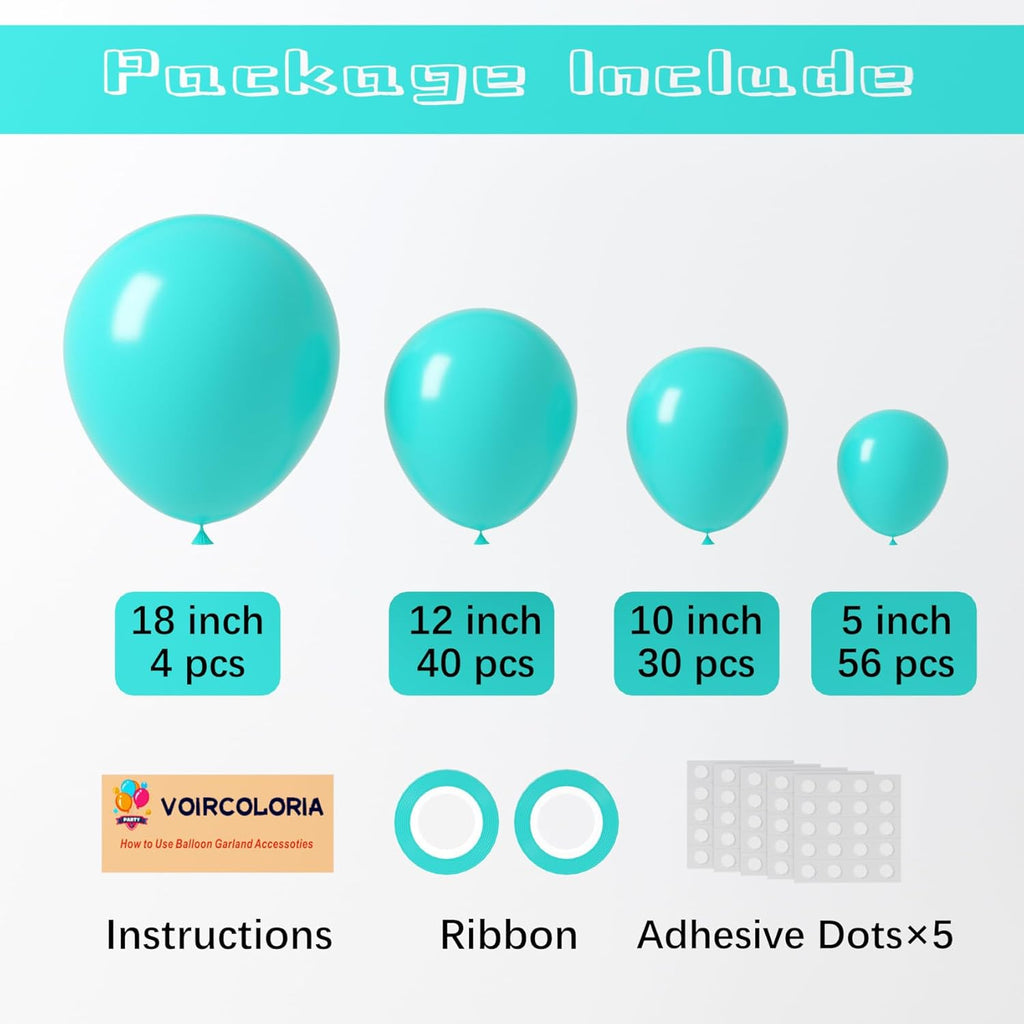 Voircoloria Teal Balloons - 130pcs in Various Sizes for Baby Showers, Weddings & Birthday Parties