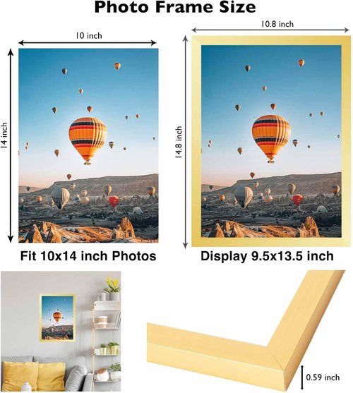 JCJMY Picture Frame - 10x14 Inch Horizontal & Vertical Wall Hanging | Shatter Resistant Plexiglass, Gold
