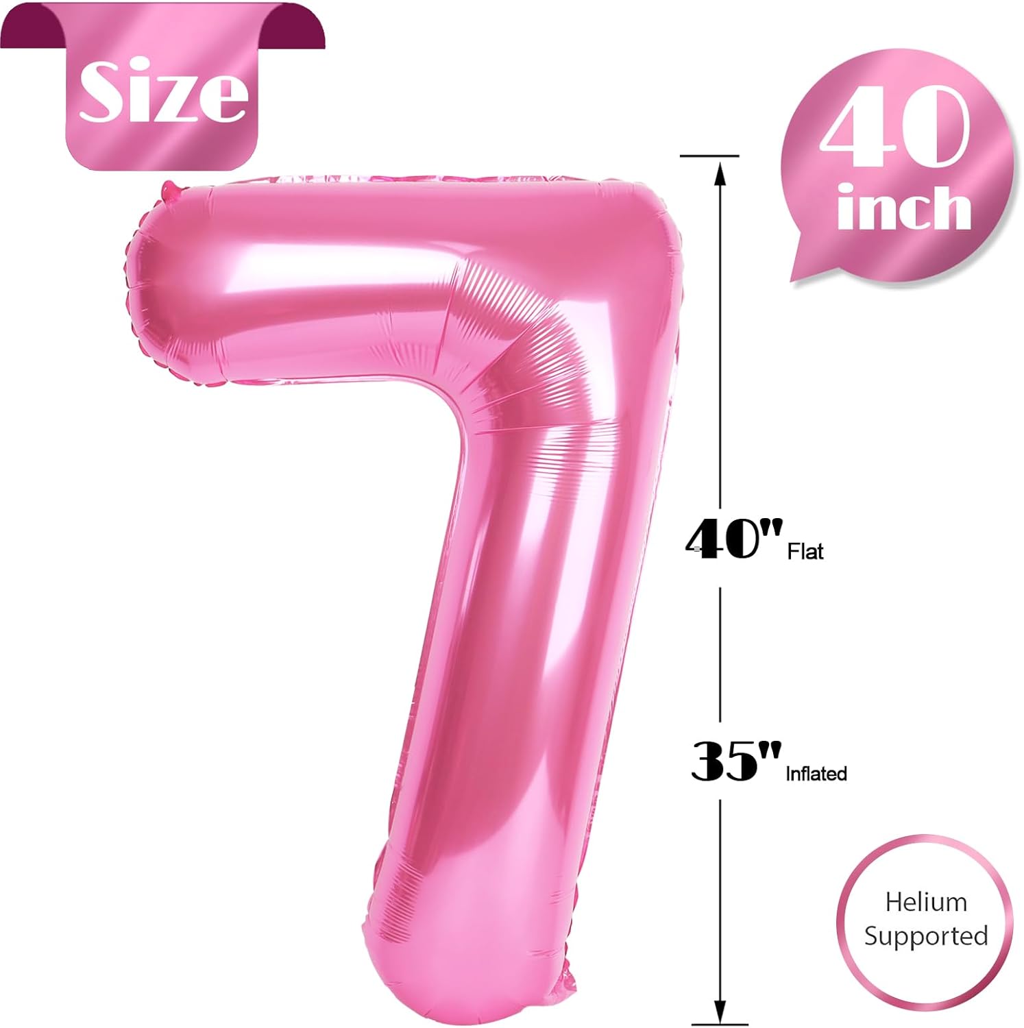 Number 7 Foil Balloon - 40 Inch Pink Giant Balloon for 7th Birthday Party Decorations