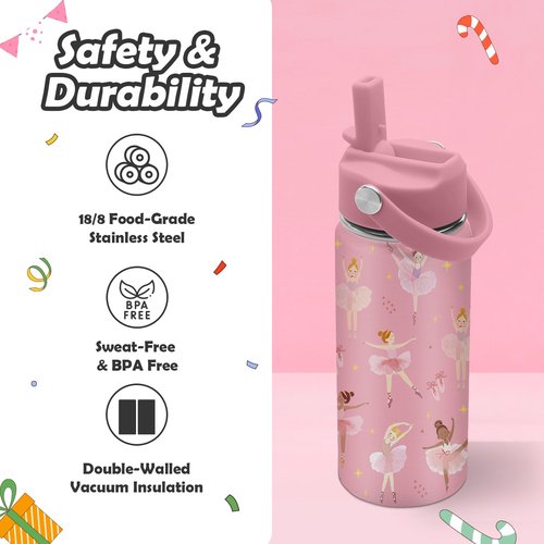 ROVOZAR Ballet Water Bottle for Girls - 16oz Dance Stainless Steel Water Bottle with Straw - Cute Dancer Insulated Cup - Pink Ballerina Kids Tumbler for School, Sports, Travel