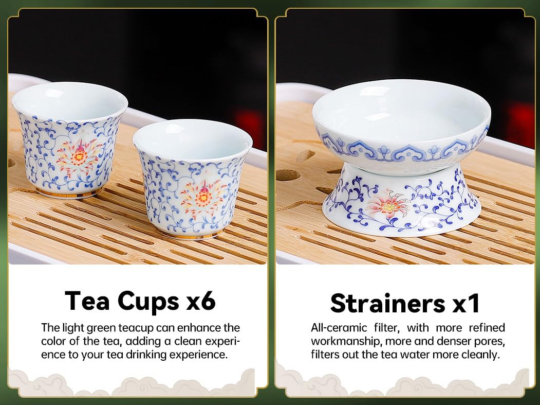 REOWONU Japanese Tea Set Traditional with 6 Cups, Chinese Gongfu Tea Set for Adults, Gold-plated Edge Craftsmanship (Entwined lotus 6cups)