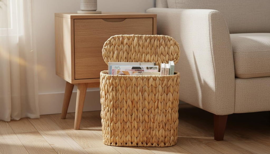 Coeusy Wicker Bathroom Trash Can with Lid,Narrow Rattan Waste Basket with Removable Liner Bucket,Slim Woven Water Hyacinth Garbage Can for Bedroom,Office,Small Spaces,3 Gallon