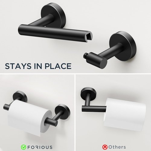 FORIOUS Bathroom Accessories Set - SUS304 Stainless Steel Toilet Paper Holder, Towel Ring & Hooks | Matte Black