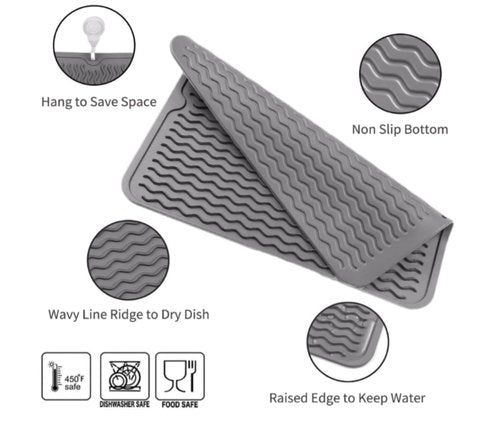 Silicone Drying Mat 16 × 12 – Dark Gray Non-Slip Sink Mat for Kitchen Counter, Heat-Resistant Food-Grade Dish Pad, Easy-Clean Multipurpose Drawer Liner (Dark Gray, 16'' x 12'')