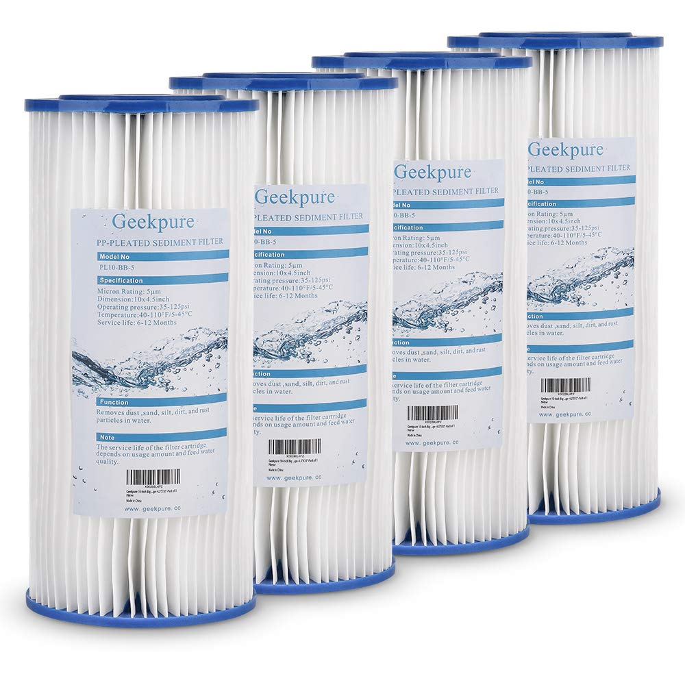 Geekpure 10-Inch Whole House Pleated PP Sediment Replacement Filter-4.5" x 10"-5 Micron-Pack of 4