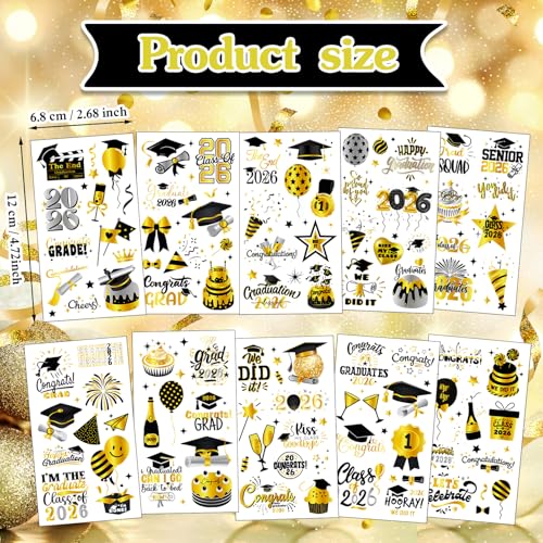Konsait Class of 2026 Graduation Temporary Tattoos - 10 Sheets Black & Gold Party Favors