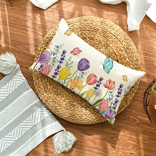 Spring Flowers Tulip Eucalyptus Butterfly Throw Pillow Cover - 12x20