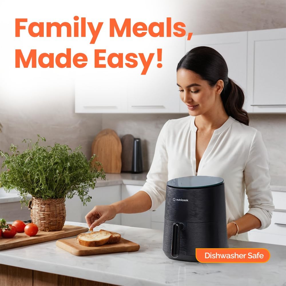 Nutricook Air Fryer - 8 Preset Functions, 3.5 Quart Compact Design, Tempered Glass Control Panel, Black