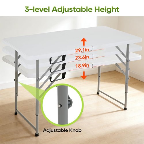FDW 4FT Folding Table, Portable Fold-in-Half Plastic Picnic Party Table with Carrying Handle (White, 4FT)