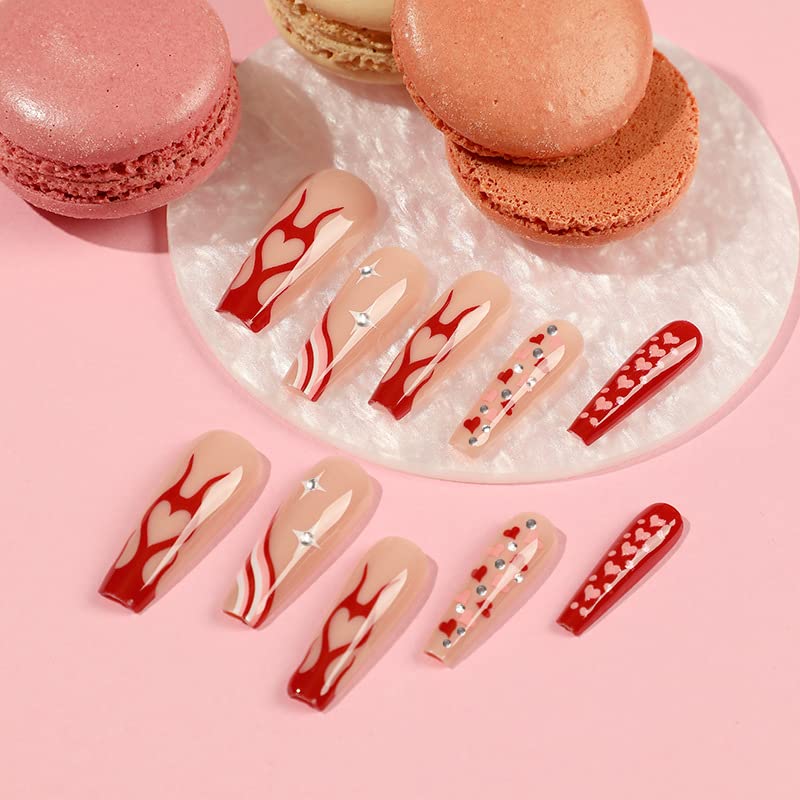 BAOYAALIN Red Long Coffin Press On Nails with Flames Heart Rhinestones 24PCS