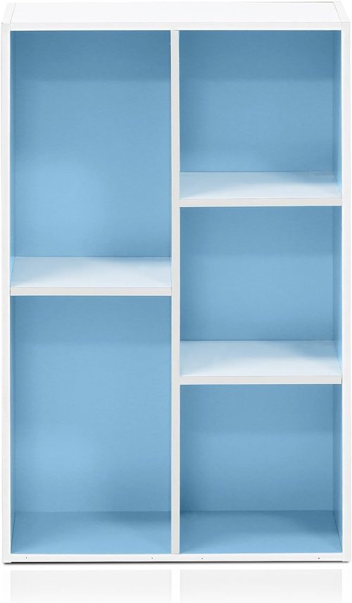 Furinno LUDER Bookshelf - 5-Cube Reversible Bookcase for Easy Assembly | White/Light Blue, 9.4 x 19.5 x 31.5